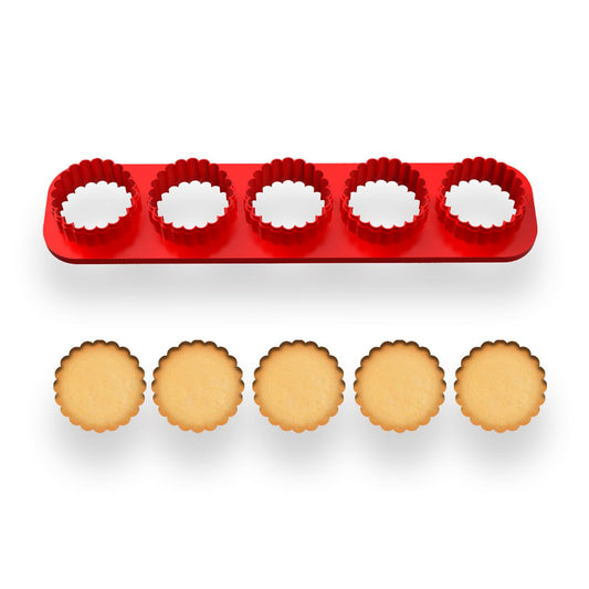 Mini Round Scalloped Cookie Cutter Strip (1" Diameter) - 5 Cavity Baking Tool for Biscuits, Pastries, and Fondant