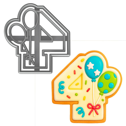 Mighty Gadget Number 4 with Balloons Cookie Cutter for 4 Year Old - 4x3.76" Birthday Celebration Mold (Random Color)