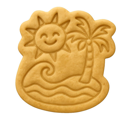Mighty Gadget Sun & Palm Island Cookie Cutter & Stamp - 4x3.9" Beach Vibes for Tropical Baking (Random Color)