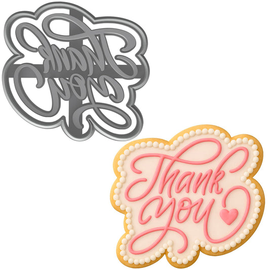 Mighty Gadget Elegant Thank You Cookie Cutter & Stamp - 4x3.76" Script Message Cookie Mold (Random Color)