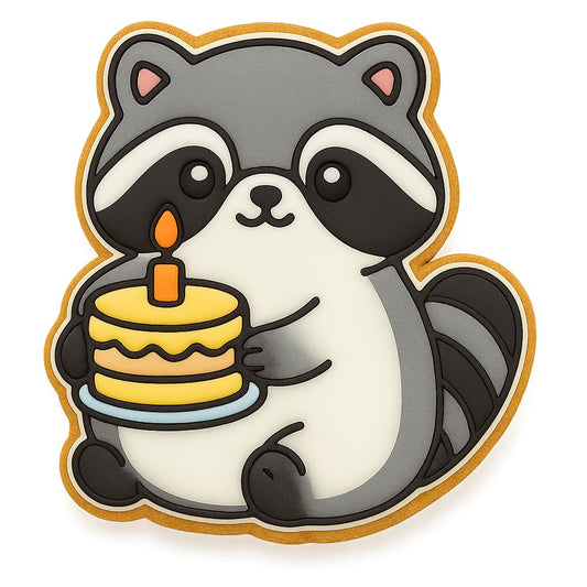 Kawaii Raccoon Holding Birthday Cake Cookie Cutter - 4x3.5" Fun Baking Design