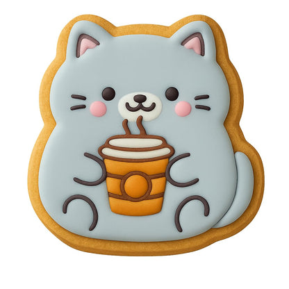 Kawaii Cat Holding Coffee Cup Cookie Cutter - 4x3.67" Fun Baking