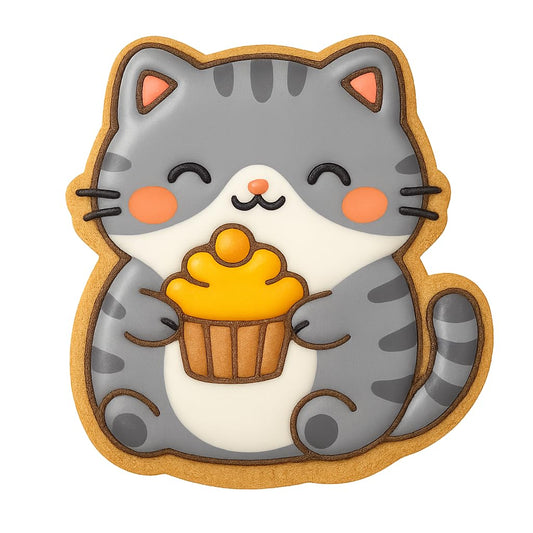 Kawaii Chubby Cat Holding Cupcake Cookie Cutter - 4x3.5" Fun Baking Set Design