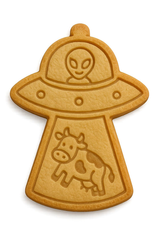 Mighty Gadget Alien with Cow Cookie Cutter & Stamp - 4x2.8" Fun Design for Space-Themed Parties (Random Color)