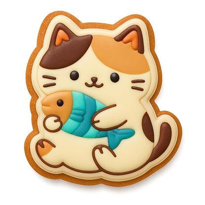 Kawaii Chubby Cat Holding Fish Cookie Cutter - 4x3.61" Fun Kitchen Baking