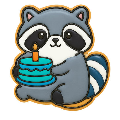 Kawaii Raccoon Holding Birthday Cake Cookie Cutter - 4x3.5" Fun Baking Design