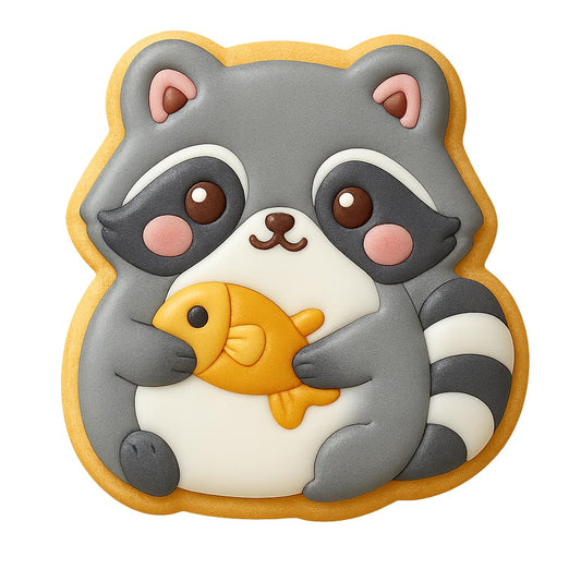 Kawaii Raccoon Holding Fish Cookie Cutter - 4x3.5" Fun Baking for Kids Party