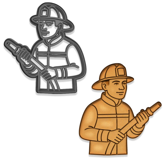 Brave Fireman Cookie Cutter - 4x3.59" First Responder Theme, Firefighter with Hose Design (Random Color)