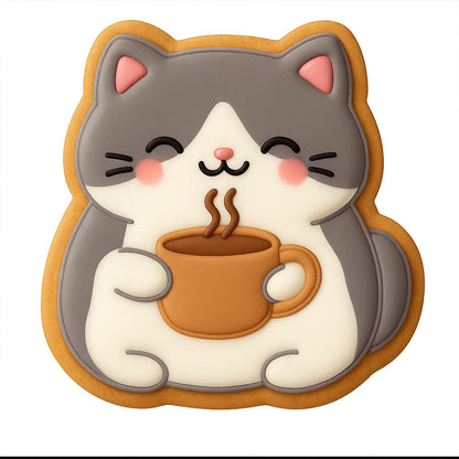 Kawaii Cat Holding Coffee Mug Cookie Cutter - 4x3.7" Fun Baking Design Set