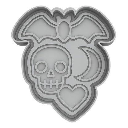 Mighty Gadget Halloween Bat with Skull & Heart Cookie Cutter & Stamp - 4x3" Unique Combo for October Fun (Random Color)