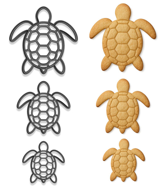 Ocean Turtle Cookie Cutter & Stamp Trio – 3 Sizes (4", 3", 2") – Beach-Themed Baking & Fondant Set (Random Color)