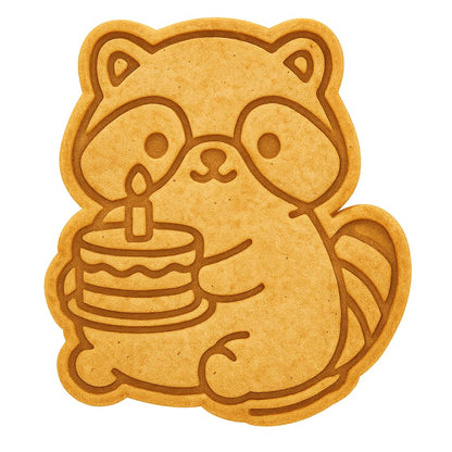 Kawaii Raccoon Holding Birthday Cake Cookie Cutter - 4x3.5" Fun Baking Design
