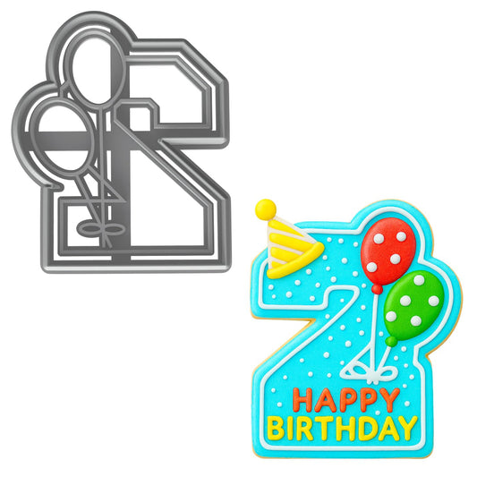 Mighty Gadget 2 Year Old Birthday Cookie Cutter - Number 2 with Balloons, 4x3.27” Baking Tool (Random Color)