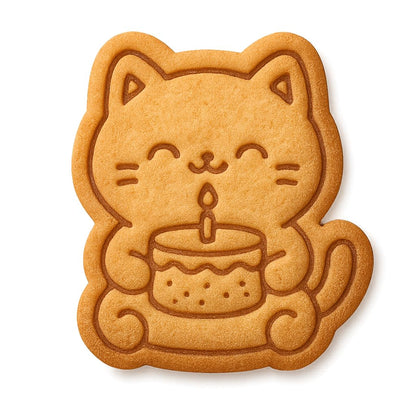 Kawaii Chubby Cat w Birthday Cake Cookie Cutter - 4x3.5" Fun Birthday Party
