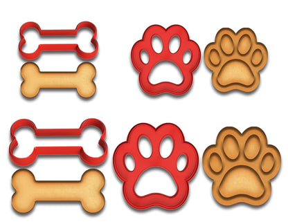 Dog Bone & Paw Print Cookie Cutter Set - 3" & 4" Sizes, 4-Piece Baking & Fondant Mold Kit for Pet Lovers