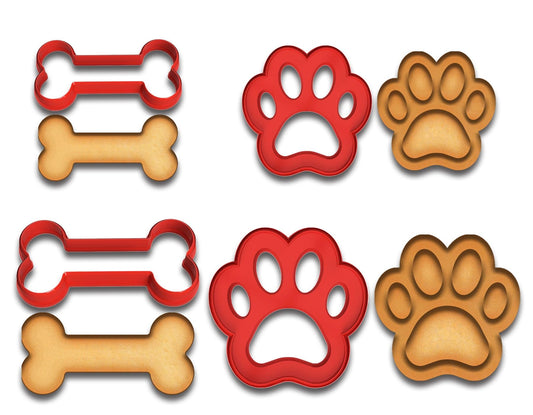 Dog Bone & Paw Print Cookie Cutter Set - 3" & 4" Sizes, 4-Piece Baking & Fondant Mold Kit for Pet Lovers