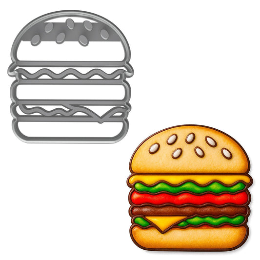 Mighty Gadget Hamburger Cookie Cutter & Stamp - 4x3.79" Burger Lovers Baking Tool (Random Color)